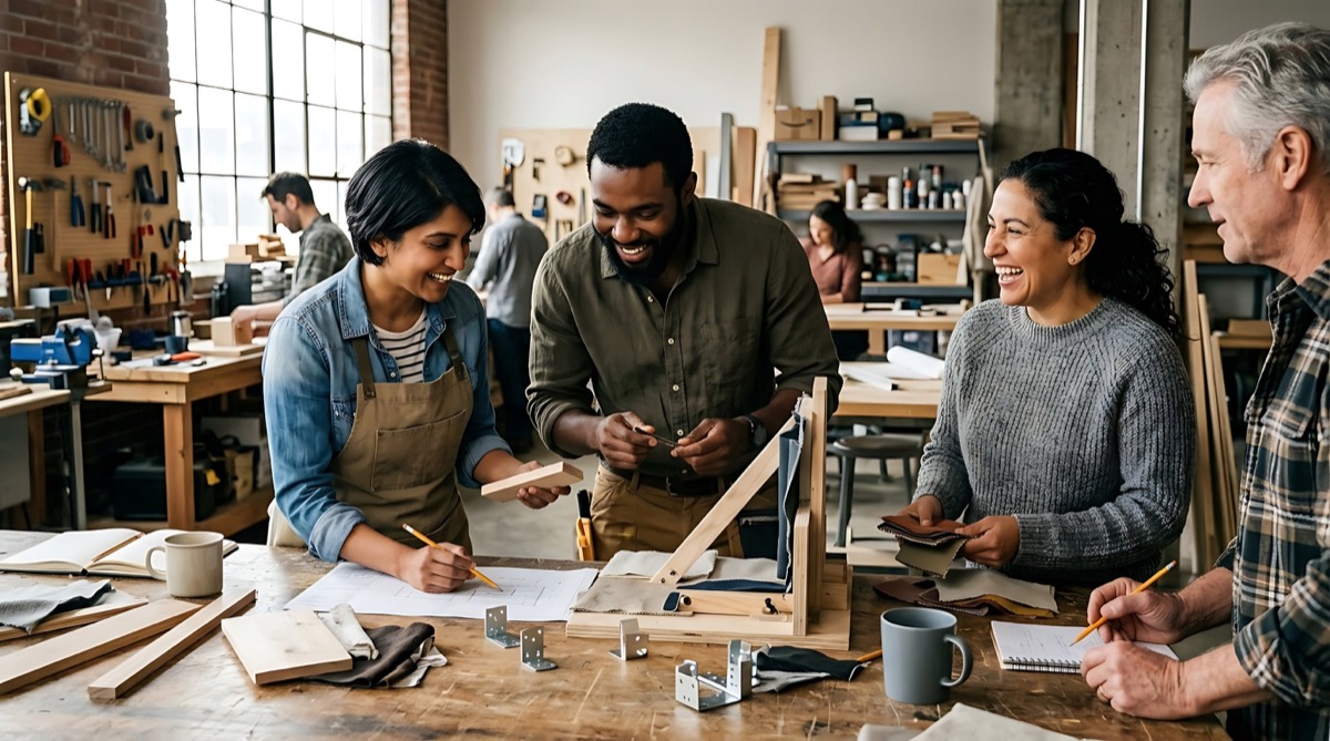 Adults around a workbench in a studio, looking at plans together